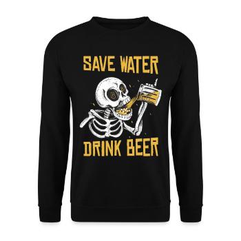 Spare Wasser Trinke Bier, Lustiges Skelett - Unisex Pullover - Schwarz - Vorne - Alina (178cm) & Michal (187cm)