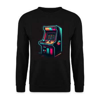 90s Gaming Cabinet - KI-generierte Kunstserie - Unisex Pullover - Schwarz - Vorne - Alina (178cm) & Michal (187cm)