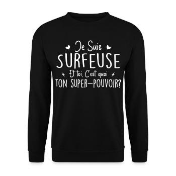 Ich bin Surfer. Was ist deine Superkraft? - Unisex Pullover - Schwarz - Vorne - Alina (178cm) & Michal (187cm)