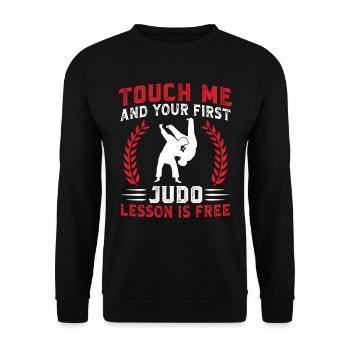 Touch me and your first Judo lesson is free - Unisex Sweatshirt - black - Front - Alina (178cm) & Michal (187cm)