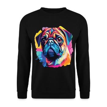 Ein Hundeporträt der Mopsrasse Pop Art - Unisex Pullover - Schwarz - Vorne - Alina (178cm) & Michal (187cm)
