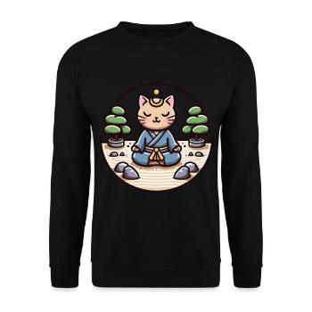 Ruhige Samurai-Katze in einem Zen-Garten - Unisex Pullover - Schwarz - Vorne - Alina (178cm) & Michal (187cm)