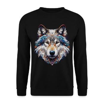Porträt eines Wolfes im Mosaik - Unisex Pullover - Schwarz - Vorne - Alina (178cm) & Michal (187cm)