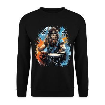 Ein Wikingerkrieger, der Schlagzeug spielt. - Unisex Pullover - Schwarz - Vorne - Alina (178cm) & Michal (187cm)