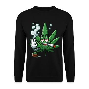 Ein rauchendes Cannabisblatt im Cartoon-Stil - Unisex Pullover - Schwarz - Vorne - Alina (178cm) & Michal (187cm)