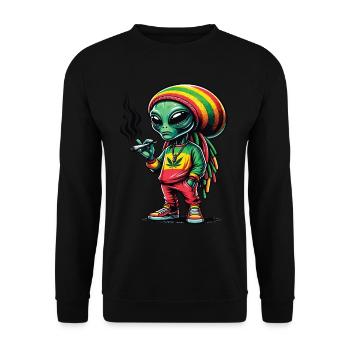 Ein Rasta-Außerirdischer raucht einen Cannabis-Joint - Unisex Pullover - Schwarz - Vorne - Alina (178cm) & Michal (187cm)