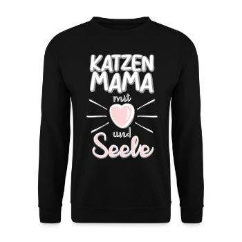 Katzen Mama mit Herz und Seele Katzensprüche - Unisex Pullover - Schwarz - Vorne - Alina (178cm) & Michal (187cm)