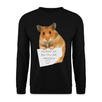 Hamster Zettel Botschaft - Toller Mensch bist - Unisex Pullover - Schwarz - Vorne - Alina (178cm) & Michal (187cm)