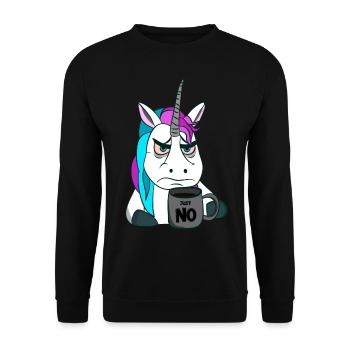 schlecht gelauntes Einhorn mit Kaffeebecher - Unisex Pullover - Schwarz - Vorne - Alina (178cm) & Michal (187cm)