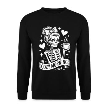 Kuscheliges Morgen Skelett Motif - Unisex Pullover - Schwarz - Vorne - Alina (178cm) & Michal (187cm)