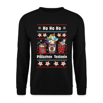 HO HO Plätzchen Testerin Weihnachten mit Einhorn - Unisex Pullover - Schwarz - Vorne - Alina (178cm) & Michal (187cm)