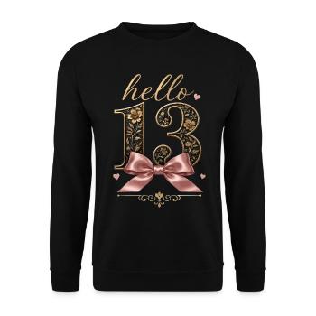 Hello 13 Ans Or et Nœud Rose | Anniversaire Ado - Sweat-shirt Unisexe - noir - Devant - Alina (178cm) & Michal (187cm)