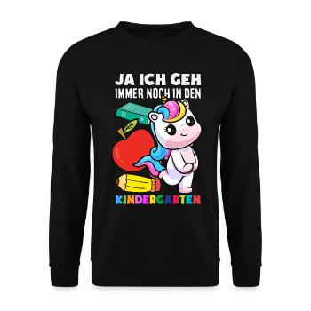 Einhorn Kindergarten Erzieherin Lustiger Spruch - Unisex Pullover - Schwarz - Vorne - Alina (178cm) & Michal (187cm)