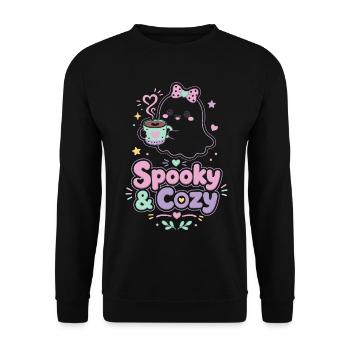 Spooky & Cozy Geist mit Kaffee - Unisex Pullover - Schwarz - Vorne - Alina (178cm) & Michal (187cm)