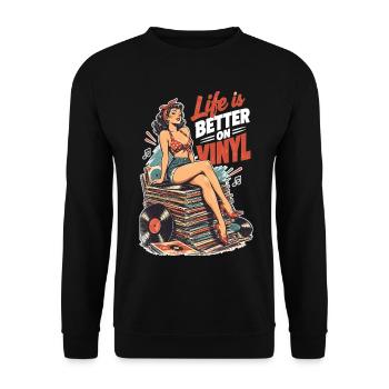 Life is better on vinyl - Retro Pin-Up auf Platten - Unisex Pullover - Schwarz - Vorne - Alina (178cm) & Michal (187cm)