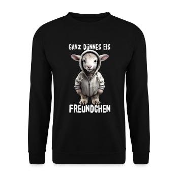 Ganz Dünnes Eis Freundchen Schaf - Unisex Pullover - Schwarz - Vorne - Alina (178cm) & Michal (187cm)