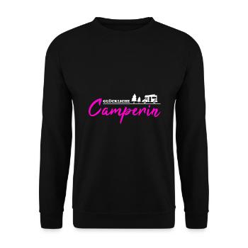 Camping echt glückliche Camperin Geschenkidee - Unisex Pullover - Schwarz - Vorne - Alina (178cm) & Michal (187cm)
