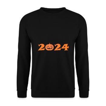 Halloween 2024 Schriftzug mit Kürbis Kostüm - Unisex Pullover - Schwarz - Vorne - Alina (178cm) & Michal (187cm)