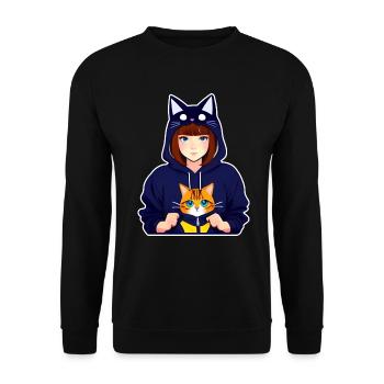 Cute Anime Manga Girl with Cat Hoodie - Unisex Sweatshirt - black - Front - Alina (178cm) & Michal (187cm)