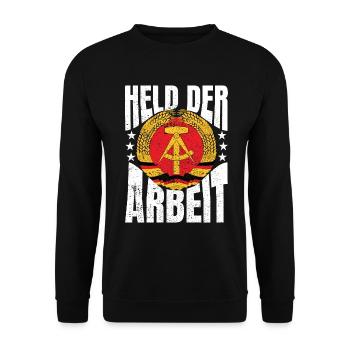 Held der Arbeit DDR Geschenkidee - Unisex Pullover - Schwarz - Vorne - Alina (178cm) & Michal (187cm)