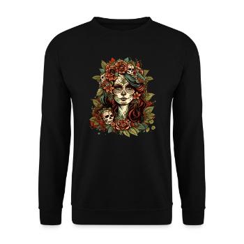 Tag der Toten Sugar Skull Totenschädel Catrina - Unisex Pullover - Schwarz - Vorne - Alina (178cm) & Michal (187cm)