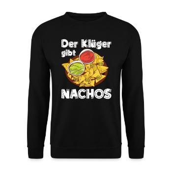 Der Klügere gibt Nachos Spruch Mexikanisch - Unisex Pullover - Schwarz - Vorne - Alina (178cm) & Michal (187cm)