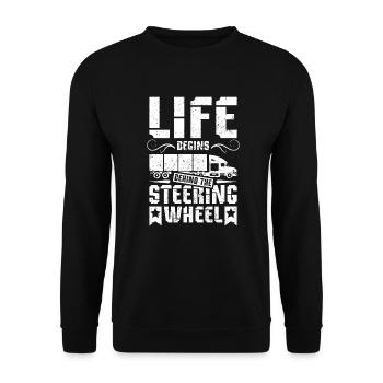 La vie commence derrière le conducteur de camion à roues qui roule - Sweat-shirt Unisexe - noir - Devant - Alina (178cm) & Michal (187cm)