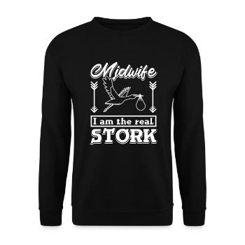 Midwife I am the real stork - Unisex Pullover - Schwarz - Vorne - Alina (178cm) & Michal (187cm)