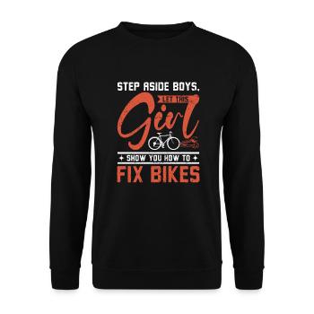 Let this girl show you how to fix bikes - Unisex Pullover - Schwarz - Vorne - Alina (178cm) & Michal (187cm)