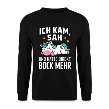 Ich hatte direkt keinen Bock mehr! Faules Einhorn - Unisex Pullover - Schwarz - Vorne - Alina (178cm) & Michal (187cm)