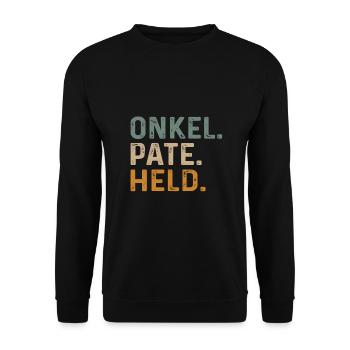 Onkel Pate Held Geschenk für Patenonkel - Unisex Pullover - Schwarz - Vorne - Alina (178cm) & Michal (187cm)