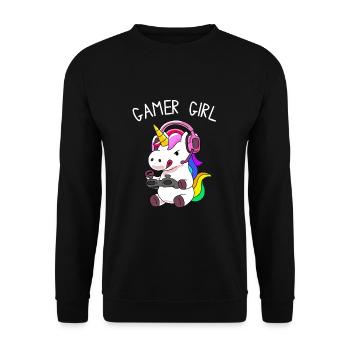 Gamer Girl Einhorn mit bunten Haaren - Unisex Pullover - Schwarz - Vorne - Alina (178cm) & Michal (187cm)