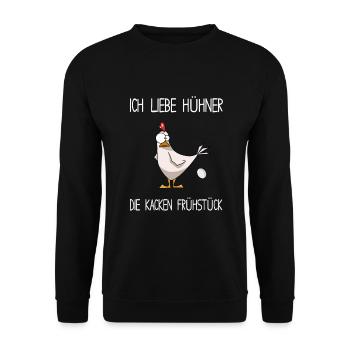 Hühner - Ich liebe Hühner die kacken Frühstück - Unisex Pullover - Schwarz - Vorne - Alina (178cm) & Michal (187cm)