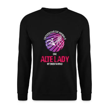 Unterschätze niemals eine alte Frau, Fahrrad - Unisex Pullover - Schwarz - Vorne - Alina (178cm) & Michal (187cm)