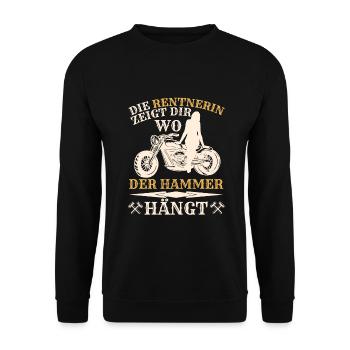 Rentnerin Motorrad - Unisex Pullover - Schwarz - Vorne - Alina (178cm) & Michal (187cm)