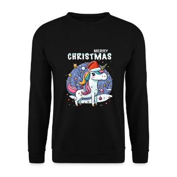 Kleines Einhorn feiert Weihnachten unter Sternen - Unisex Pullover - Schwarz - Vorne - Alina (178cm) & Michal (187cm)