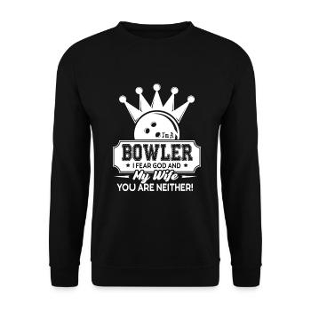 Bowling Bowler I Fear God And My Wife - Unisex Sweatshirt - black - Front - Alina (178cm) & Michal (187cm)
