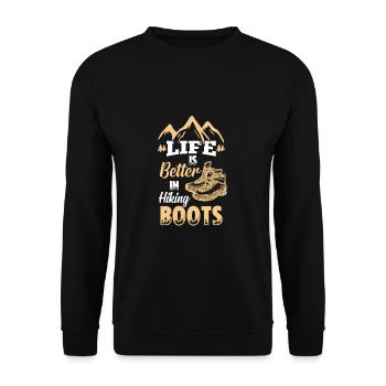 Life Is Better In Hiking Boots Wandern Wanderer - Unisex Pullover - Schwarz - Vorne - Alina (178cm) & Michal (187cm)