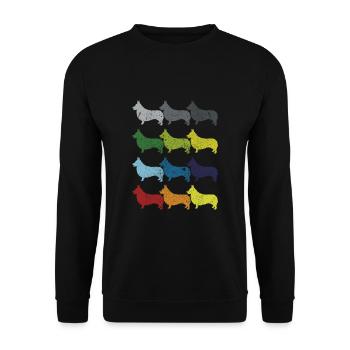Neon Pop Art Retro Corgi Hund Geschenk - Unisex Pullover - Schwarz - Vorne - Alina (178cm) & Michal (187cm)