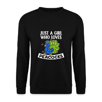 Just A Girl Who Loves Peacocks Pfau Kostüm - Unisex Pullover - Schwarz - Vorne - Alina (178cm) & Michal (187cm)