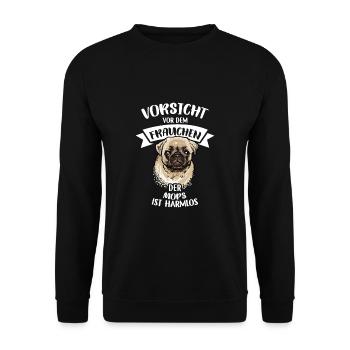 Vorsicht Vor Dem Frauchen Mops Ist Harmlos - Unisex Pullover - Schwarz - Vorne - Alina (178cm) & Michal (187cm)