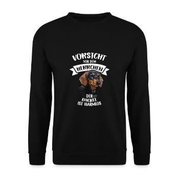 Vorsicht Vor Dem Herrchen Dackel Ist Harmlos - Unisex Pullover - Schwarz - Vorne - Alina (178cm) & Michal (187cm)