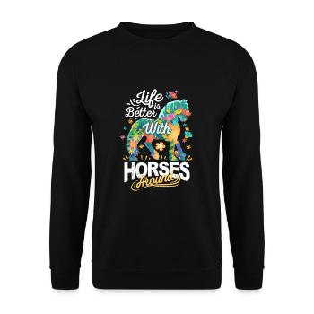 Pferde Blumen Das Leben ist mit Pferden besser - Unisex Pullover - Schwarz - Vorne - Alina (178cm) & Michal (187cm)