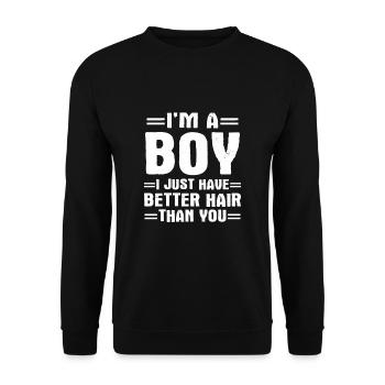 Lustige Sprüche Jungs Lange Haare Langhaarig - Unisex Pullover - Schwarz - Vorne - Alina (178cm) & Michal (187cm)