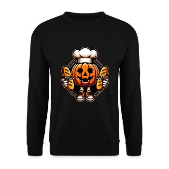 Halloweenkürbis mit Bäckermütze und Broten - Unisex Pullover - Schwarz - Vorne - Alina (178cm) & Michal (187cm)
