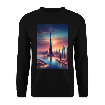 Großer Wolkenkratzer in einer Stadt - Unisex Pullover - Schwarz - Vorne - Alina (178cm) & Michal (187cm)