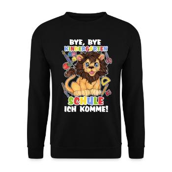 Niedlicher Löwe Kind Einschulung Schulanfang - Unisex Pullover - Schwarz - Vorne - Alina (178cm) & Michal (187cm)