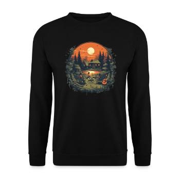 Campfire Lagerfeuer am See mit Holzhütte im Wald - Unisex Pullover - Schwarz - Vorne - Alina (178cm) & Michal (187cm)