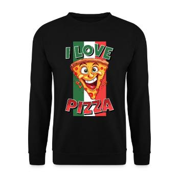 I Love Pizza Pizzastück Gesicht Lacht Pizzeria - Unisex Pullover - Schwarz - Vorne - Alina (178cm) & Michal (187cm)