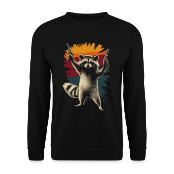 Frecher Waschbär mit 2 Pistolen - Unisex Pullover - Schwarz - Vorne - Alina (178cm) & Michal (187cm)